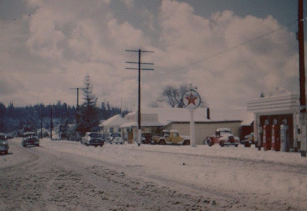 A snowy downtown Forks 1950s looking south from the stoplight.