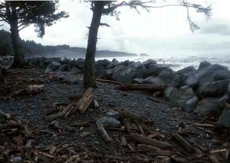 Beach scene after tons of rip-rap was installed near the ancient Hoh village.