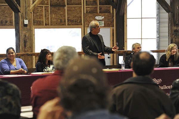 James Jaime addresses the Forks Chamber of Commerce and guests at the Roundhouse at the new Kit.la Center.