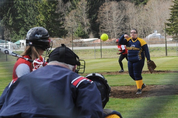 Lady Spartan pitcher Hailey Engeseth delivers to a Tenino batter March 27 at Fred Orr Field in Beaver