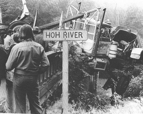 This Dahlgren log truck dangling off the Hoh Bridge is just one of many of the photos shared along with stories from many area truck drivers in Lonnie Archibald’s latest book.