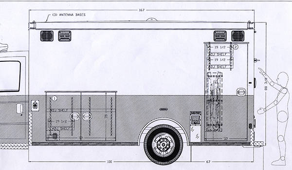 The design will appear on both sides of the new ambulance in the upper part of the vehicle as seen in this drawing. The design must include the Star of Life and the words Forks Ambulance.