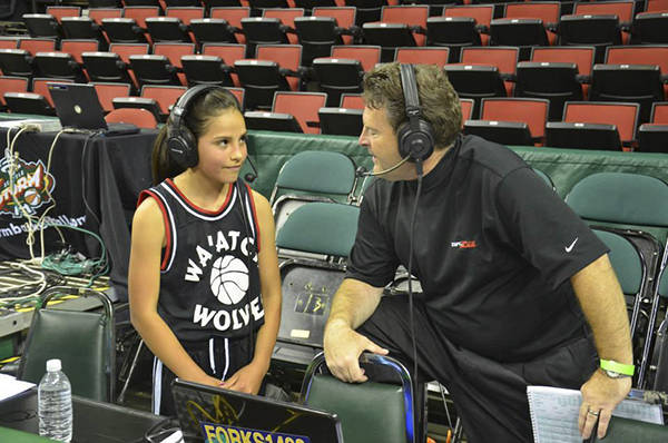 Courtney Swan of Neah Bay seen here being interviewed after playing at Key Arena against Napavine. Submitted Photo