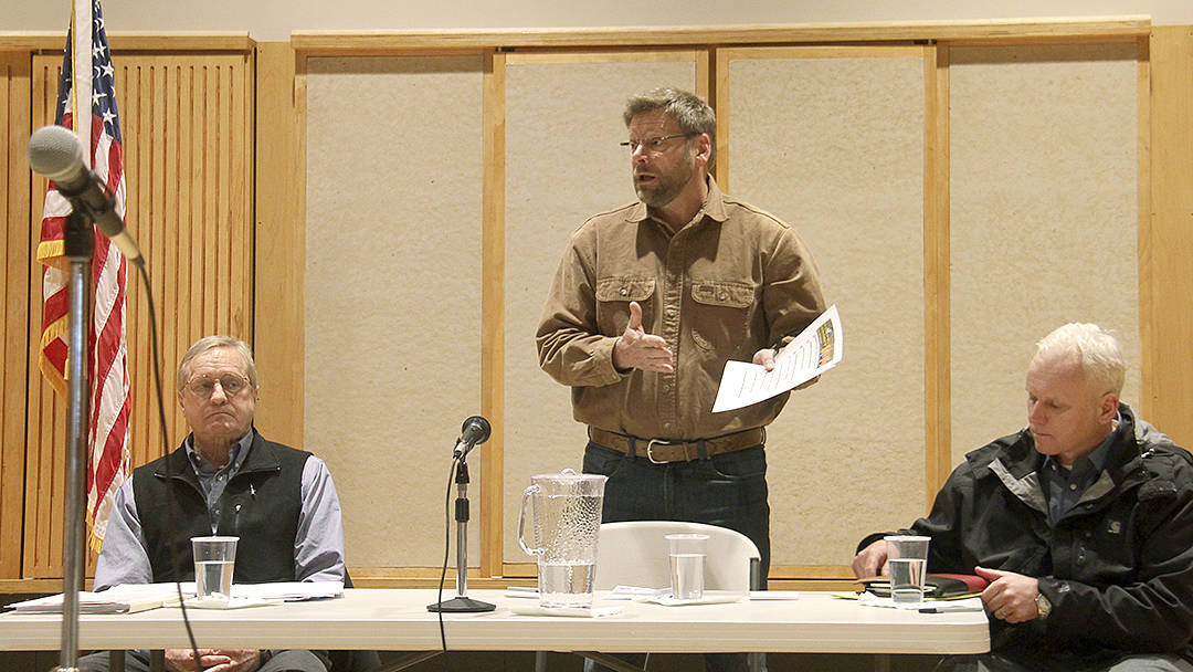 Representatives Steve Tharinger and Mike Chapman, with State Senator Kevin Van De Wege facilitate a Town Hall meeting at the Rainforest Arts Center in downtown Forks last Thursday. Photo Christi Baron