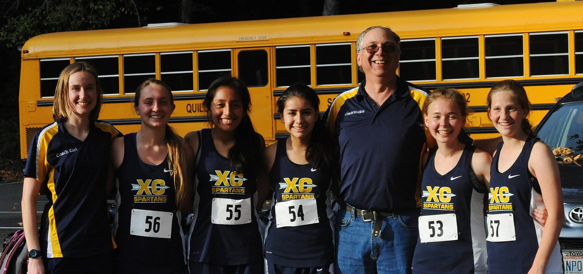 The Spartan women’s cross country team is the Evergreen 1A champions winning the league meet in Montesano. Pictured here from left are Assistant coach Kari Larson, Kayleen Bailey, Melissa Galindo, Karen Ensastegui, coach Brian Weekes, Madelyn Archibald and Savannah Meyer. Photo by Lonnie Archibald