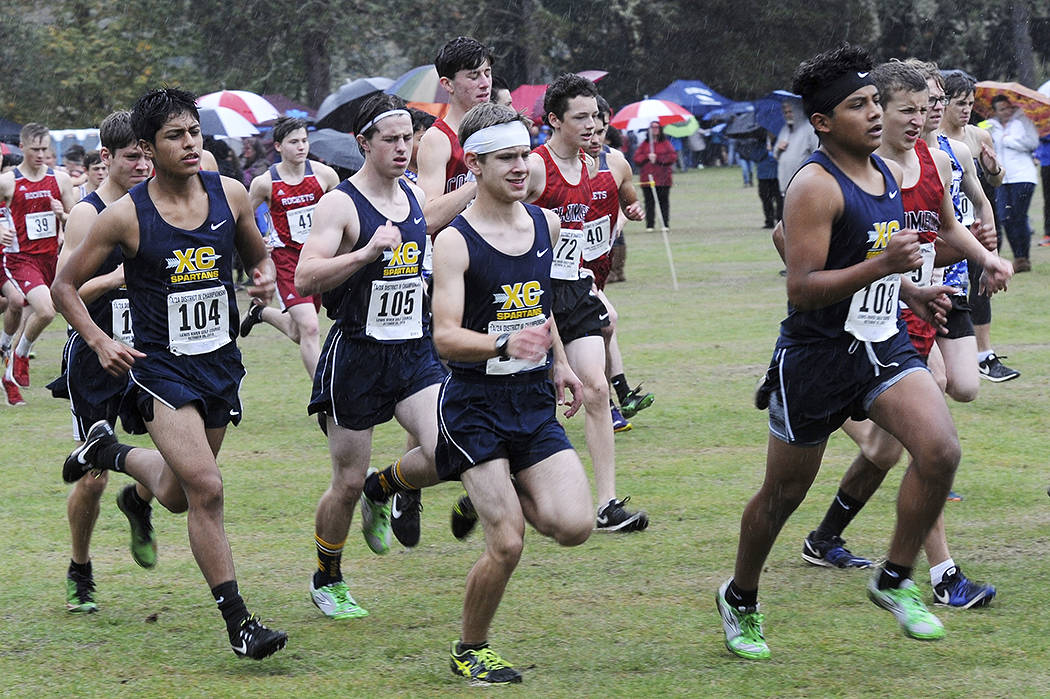 The Spartan boys cross country team competing at the District 4 championships were from left Kasson Steffen, Wesley Camacho, Colton Duncan, Matthew Larson, and Luis Perez. Making state, to be held in Pasco Saturday, were Colton Duncan who placed 12th and Wesley Camacho who placed 21st. Photo by Lonnie Archibald