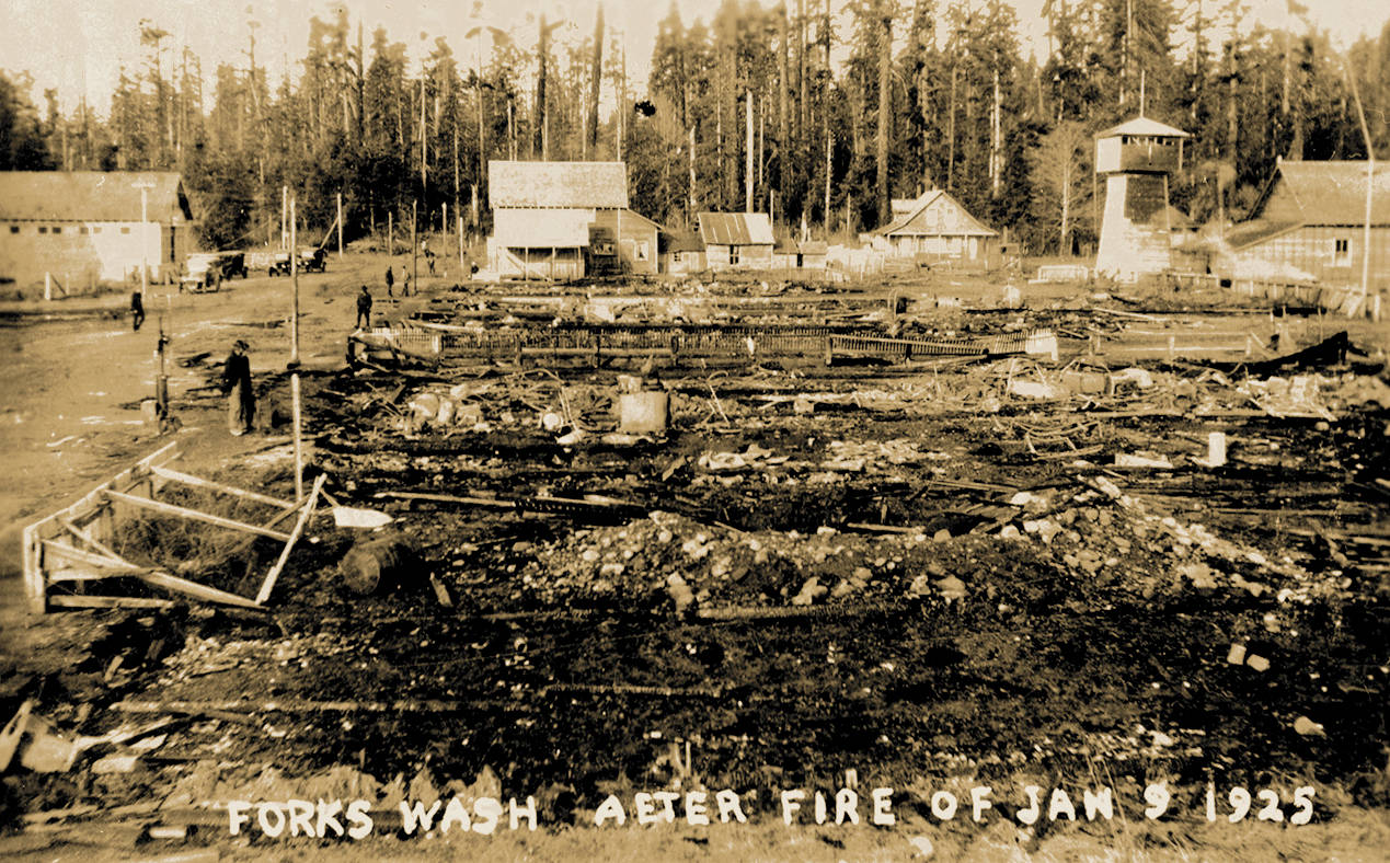 In this photo from after the January 1925 fire that destroyed most of the buildings on the east side of main street, the creamery tower can be seen, the side of it is scorched from the fire. The building to the right of it is the old creamery building that was torn down and replaced in 1968 by the building that was demolished last weekend. The only other building in this photo that is still standing is the building on the far left side of the photo, the former JT’s Sweet Stuffs. Forks Forum Archives                                The creamery building that survived the 1925 fire was demolished in 1968 after the new building was constructed.