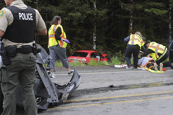 Two car collision at the junction of Highway 101 and SR110 (LaPush Road) Monday around 4:40 p.m. with multiple injuries. Photo by Lonnie Archibald