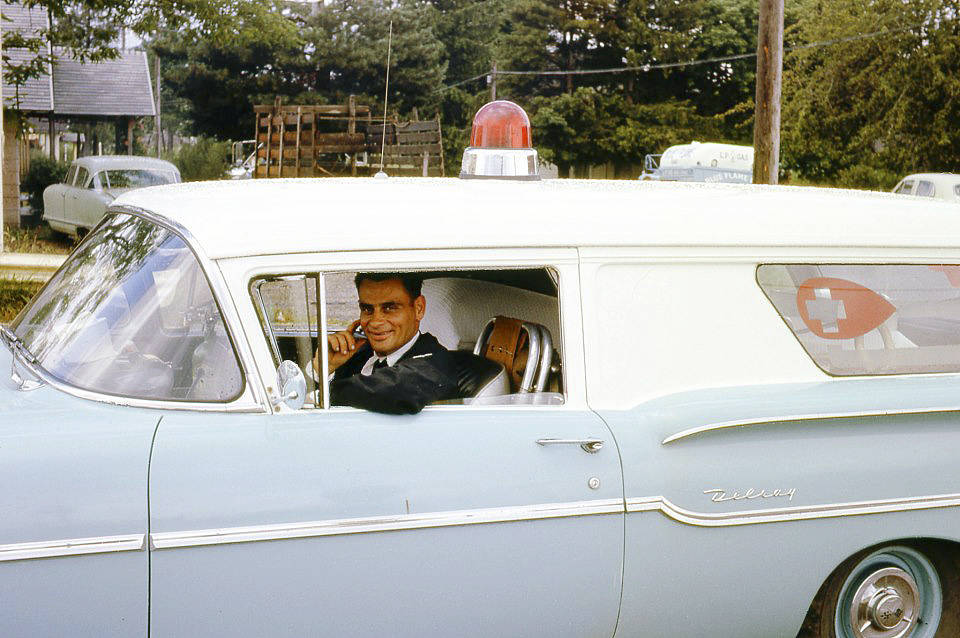 One of Forks’ very first real ambulances, 1963, longtime ambulance volunteer Doug Howell at the wheel. Howell and others like him have saved many lives here on the West End.