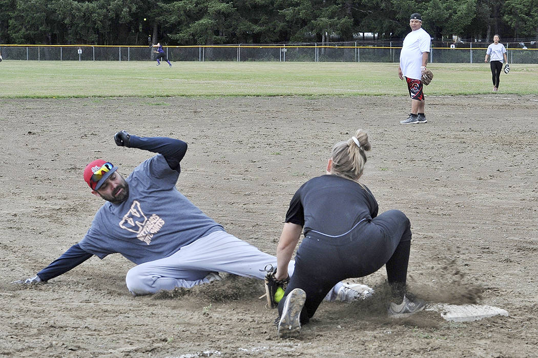 Jonathan Whitehead of Whitehead’s Auto Parts was out at third as he attempted to stretch a double into a triple Saturday. Whitehead’s was defeated by Slung Down 10-0.