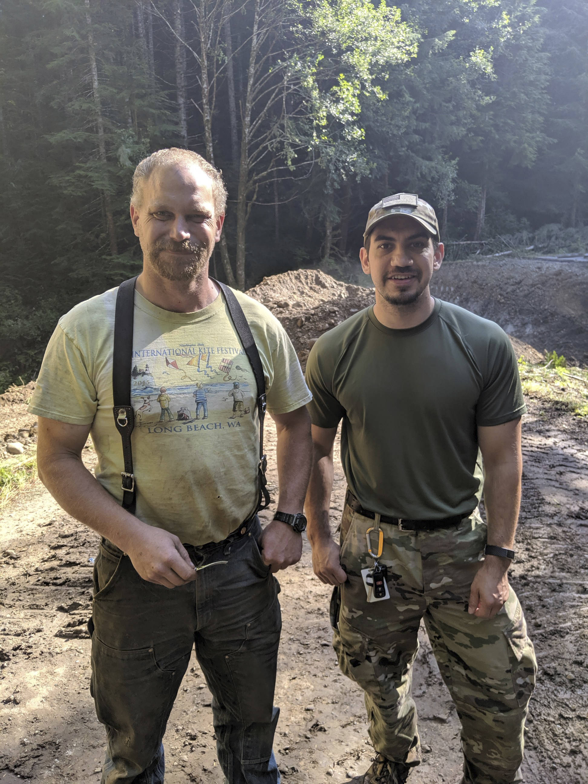 Joel Bruch of Bruch and Bruch Construction out of Port Angeles Washington with William Flores, Olympic Corrections Center Inmate Recovery Team. Joel assisted in the safe apprehension of Offender Vannausdle, Mark #845800 on 8/13/19.                                Joel was presented with an IRT challenge coin, Incident Management Team challenge coin and EOU patch to show some appreciation for his support and actions. OCC Photo