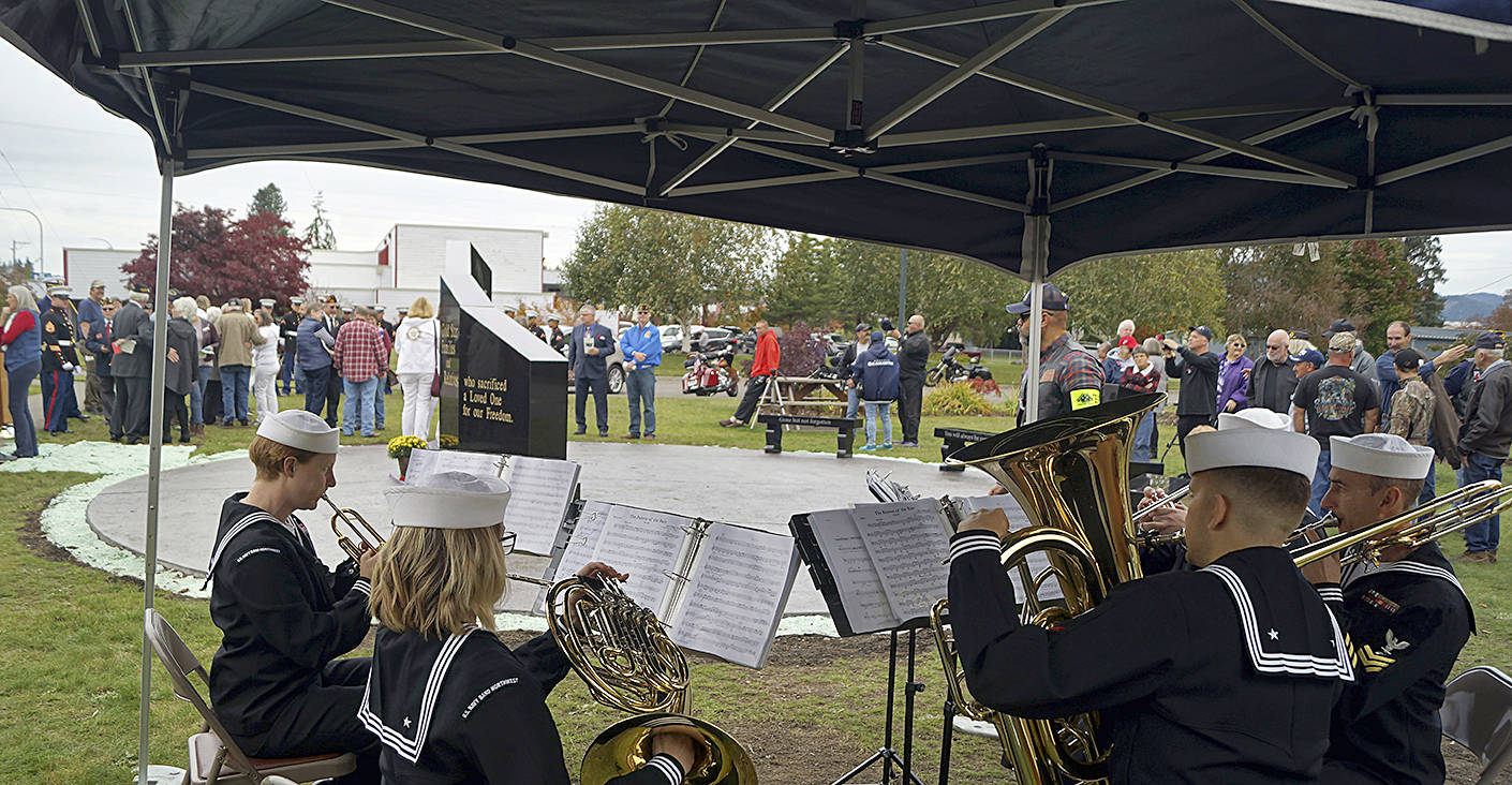 The NW Navy Band played during and after the Gold Star Families Memorial Monument dedication Saturday at the Forks Transit Center, some of the almost 300 people that attended stayed after to get a good look at Forks’ newest addition. Photo Vern Hestand