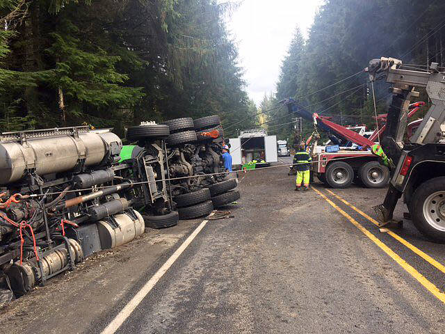 The State Patrol identified the driver of a semi-truck that overturned with a propane tank south of Forks on Monday, Oct 21, as James Allen Champion age 62, of Yelm. He sustained minor injuries in the 7:43 p.m. crash on U.S. Highway 101 near Fuhrman Road. Champion was traveling northbound when the truck and trailer he was driving left the roadway to the right and came to a rest on its side in a ditch near milepost 186, according to a State Patrol collision memo. WSP photo