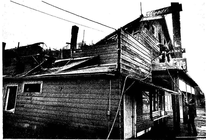 The fire took out the largest hotel that had been operated in Forks since the late 1920s. This newspaper clipping shows the destruction. On Nov. 19, 1976, loggers tossed boots, lunchbuckets, and themselves out the windows and could only stand and watch as the old building burned.