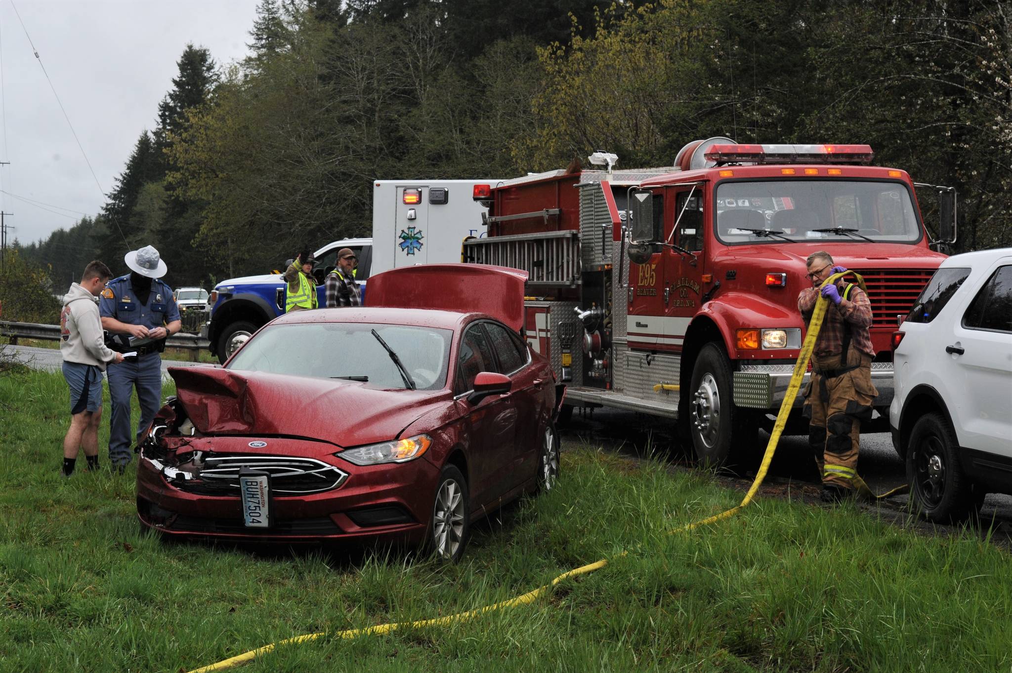This three-vehicle accident occurred at approximately 1:30 p.m., last Saturday near the Bear Creek Bridge Milepost 206. One teenager was taken to the Forks Memorial Hospital by Forks Ambulance. Fire District 1 and the WSP were at the scene. Photo by Lonnie Archibald