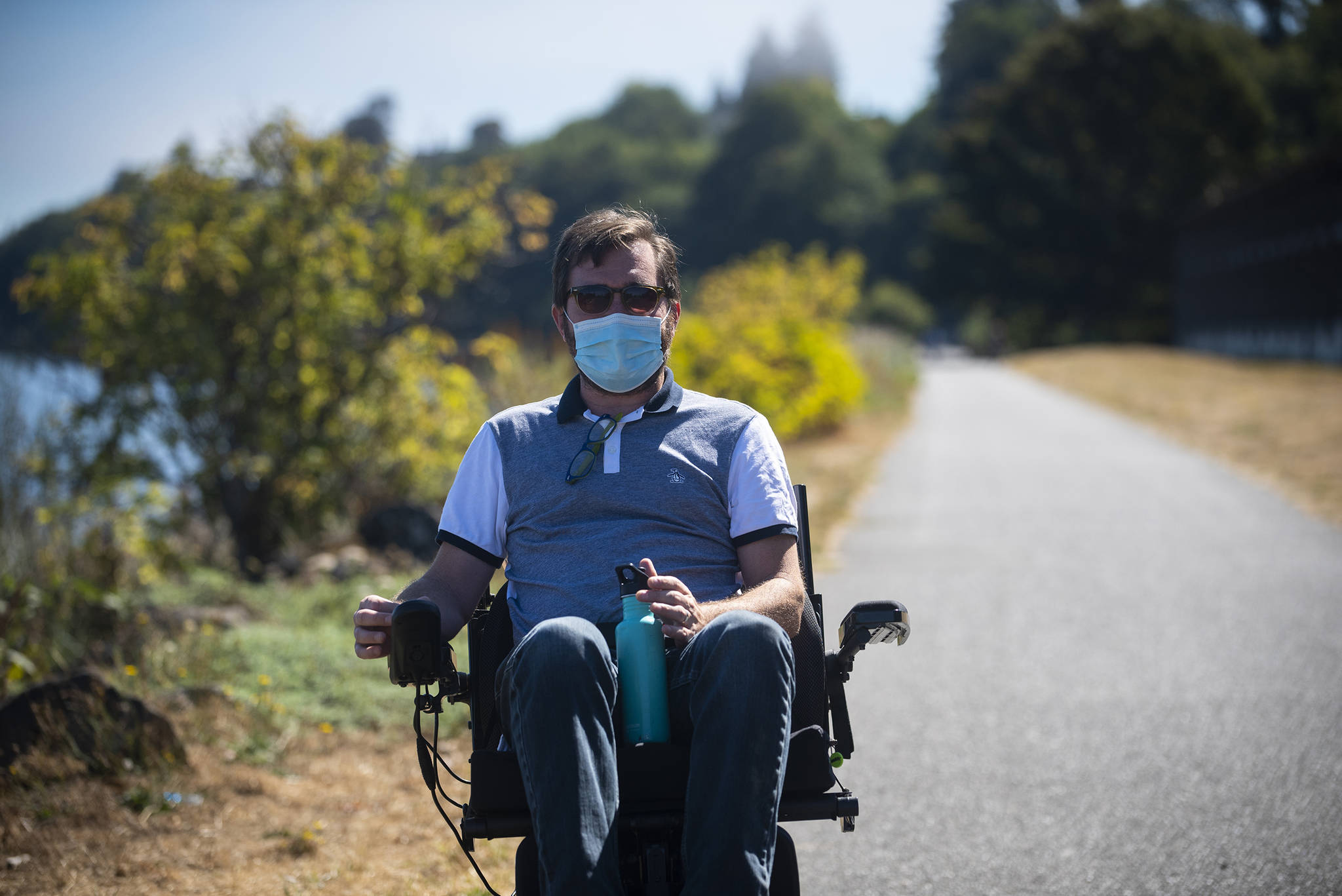 Greg Brotherton learning to use a wheelchair at the Waterfront Trail in Port Angeles. Photo Jesse Major