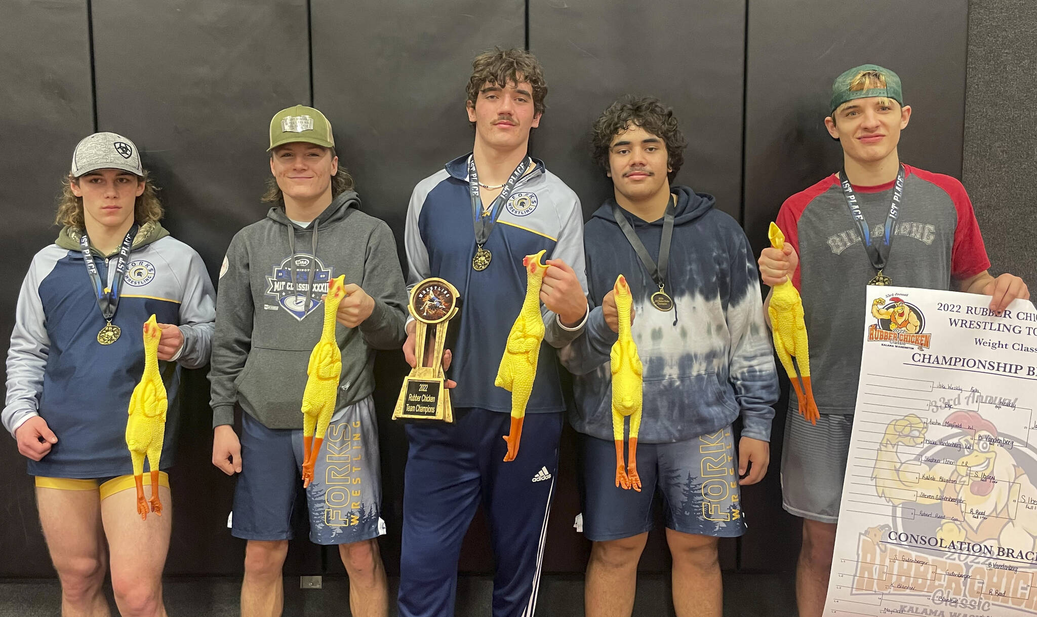 The individual champs from left to right are: Walker Wheeler 138, Dalton Kilmer 132, Hayden Queen 182, Sloan Tumaua 220, Jake Weakley 152. Submitted Photo