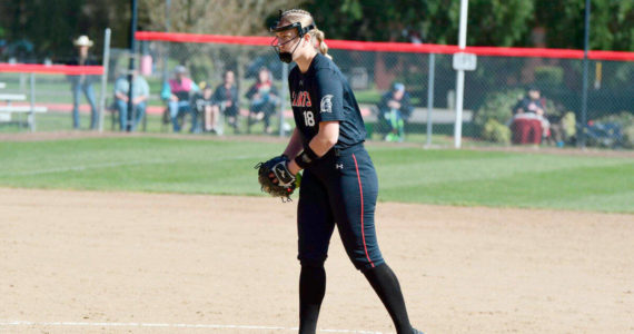 Saint Martin’s freshman Chloe Leverington, a 2021 Forks High School graduate, was named the Great Northern Athletic Conference Softball Pitcher of the Week For March 21-27 after throwing two complete games in two Saints’ victories last weekend. (Saint Martin’s Athletics)