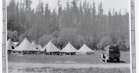 “Army Mule Train” encampment at Olesens’ farm (now Barbara Hull’s) in April 1942. Local residents reported that as many as 800 mules and a thousand men passed through the area on their way to Ozette. Their lasting legacy was Canadian thistle. (Brow family photo)