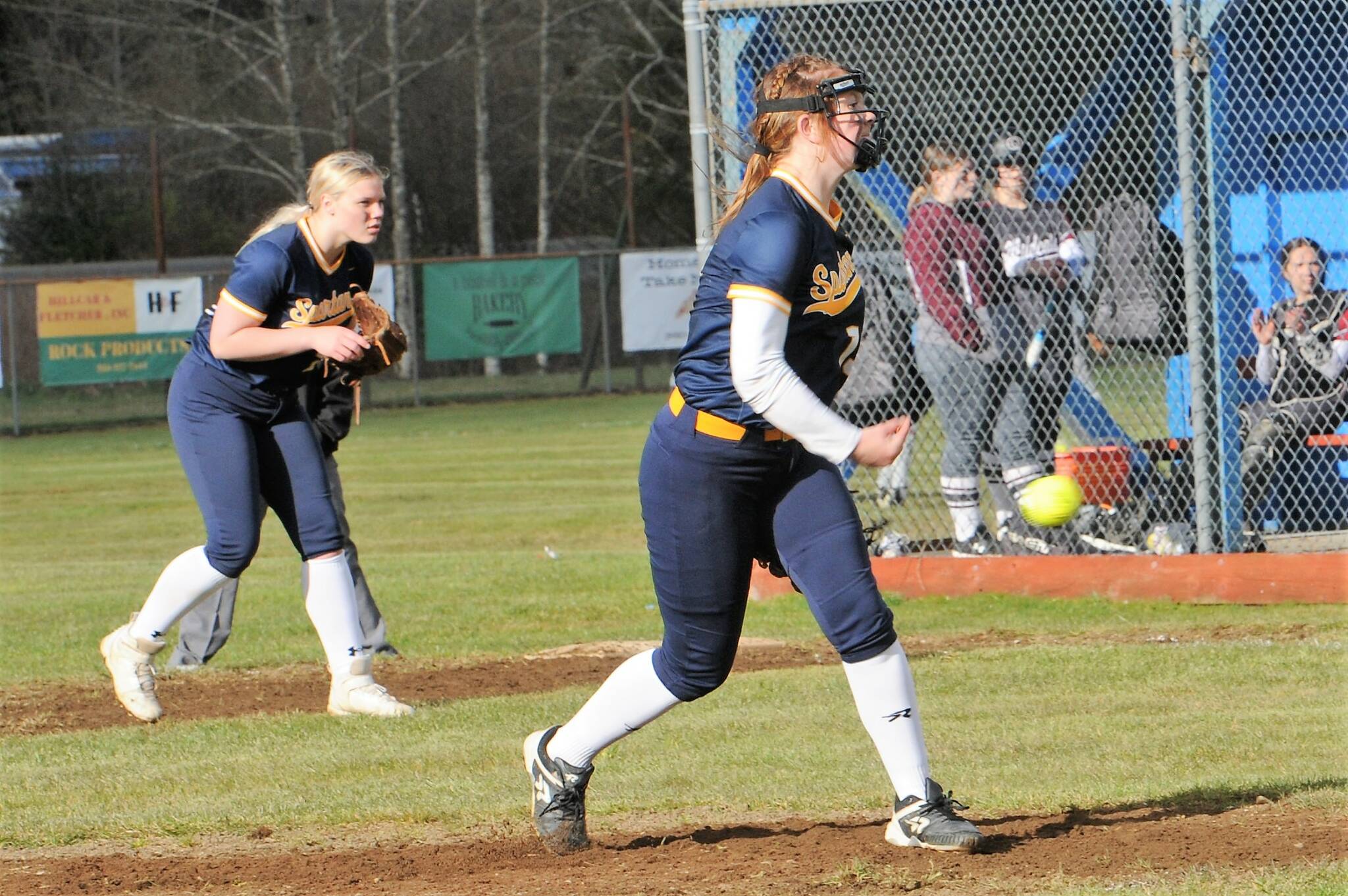 Spartan Grace Gooding pitched the second game while Kyra Neel looked on from first base.