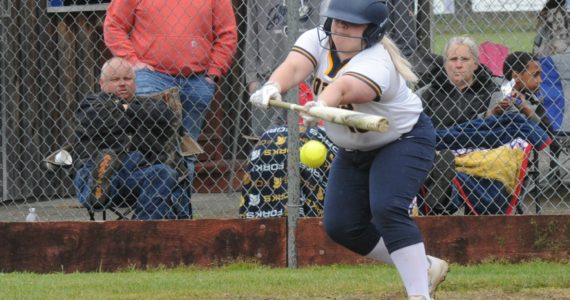 Spartan Nicole Winger bunts during a doubleheader played Tuesday, May 3 at the Fred Orr Memorial Park in Beaver. Forks took both games 17 to 0 and 28 to 0 against Chief Leschi of Puyallup. Photos by Lonnie Archibald