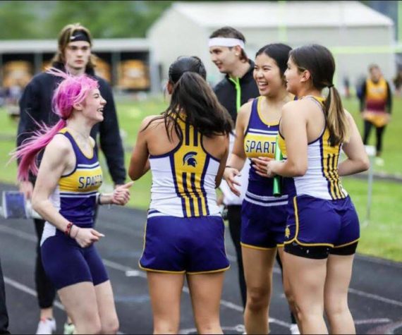 <p>The 4x100 team celebrates a personal best and birth to districts at the Pacific League 2B championships. Team members Emery Damron, Leslie Hernandez, Myra Luong, and Candida Sandoval make up the team. The boys 4x100 team were league champions and so were the girls 4x200 team. Nate Dahlgren was shot put league champion and Coach Pam Gale said, “I have endless kids to brag about, we will be taking 18 participants to District and at least 4 alternates .. literally both boys and girls teams will move on in all relays! Can’t say we’ve ever done that before!!” Submitted photo</p>