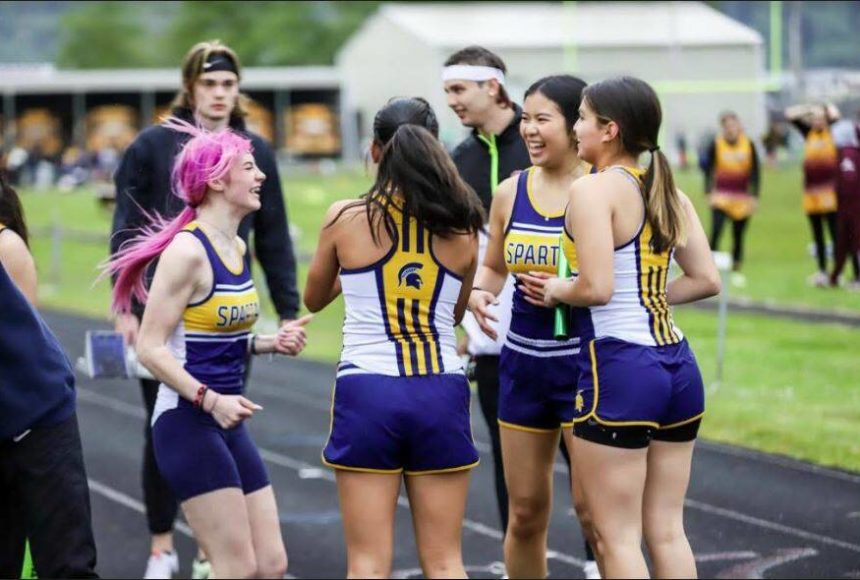 <p>The 4x100 team celebrates a personal best and birth to districts at the Pacific League 2B championships. Team members Emery Damron, Leslie Hernandez, Myra Luong, and Candida Sandoval make up the team. The boys 4x100 team were league champions and so were the girls 4x200 team. Nate Dahlgren was shot put league champion and Coach Pam Gale said, “I have endless kids to brag about, we will be taking 18 participants to District and at least 4 alternates .. literally both boys and girls teams will move on in all relays! Can’t say we’ve ever done that before!!” Submitted photo</p>