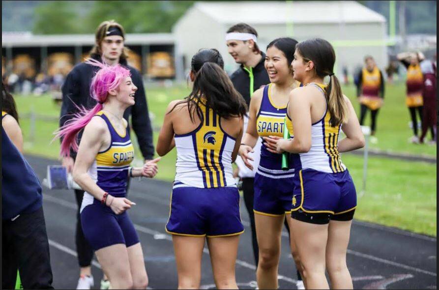 The 4x100 team celebrates a personal best and birth to districts at the Pacific League 2B championships. Team members Emery Damron, Leslie Hernandez, Myra Luong, and Candida Sandoval make up the team. The boys 4x100 team were league champions and so were the girls 4x200 team. Nate Dahlgren was shot put league champion and Coach Pam Gale said, “I have endless kids to brag about, we will be taking 18 participants to District and at least 4 alternates .. literally both boys and girls teams will move on in all relays! Can’t say we’ve ever done that before!!” Submitted photo