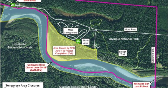 Photo: Map of floodplain closure near Mora Campground and Quillayute River Closure from Richwine bar to Dickey River Boat Launch from June 20 to June 24.