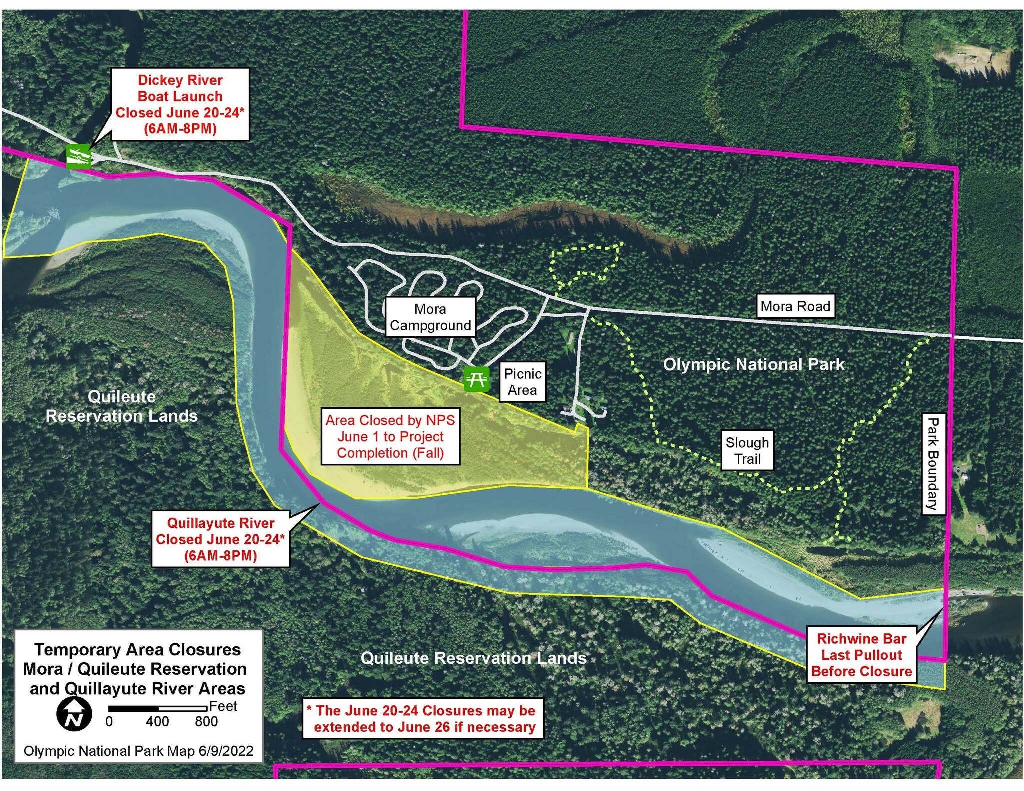 Photo: Map of floodplain closure near Mora Campground and Quillayute River Closure from Richwine bar to Dickey River Boat Launch from June 20 to June 24.