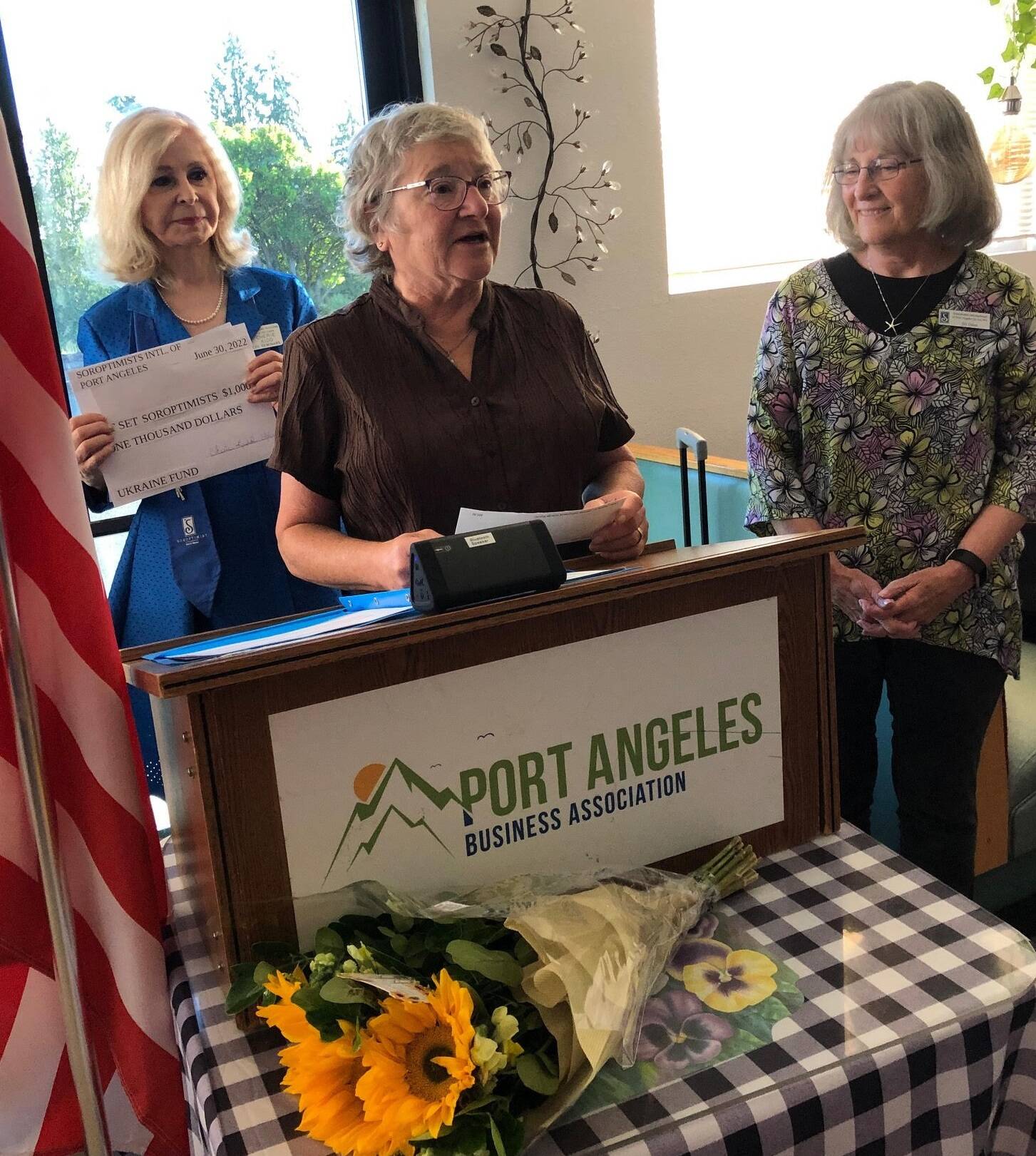 Pictured are Cheri Kidd representing Soroptimist Noon Club, Jill Oakes representing Soroptimist Forks Olympic RainForest, and Jean Hordyk representing Queen of Angels School children as well as the Port Angeles Soroptimist Jet Set. Submitted Photo