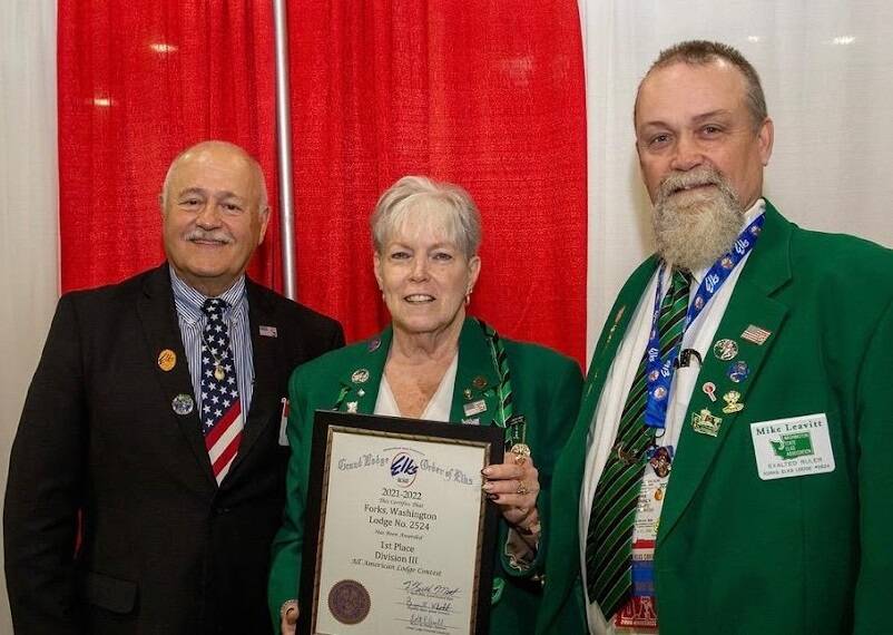 (L-R) Area 8 Grand Lodge Fraternal Trustee William “Bim” Lindsey, with Lynne Barnes, PER and Mike Leavitt, ER Forks Elks Lodge #2524. Submitted Photo