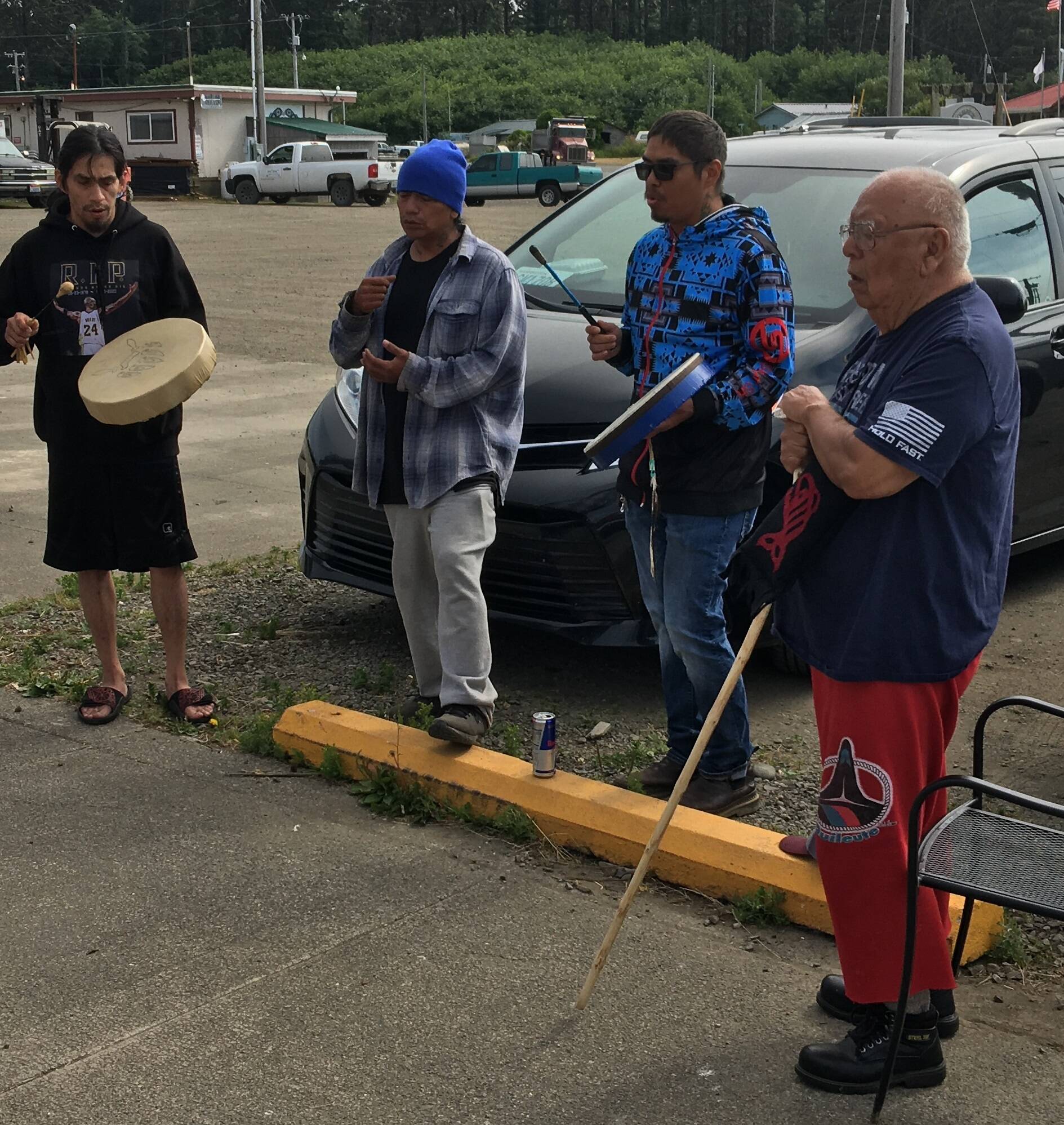 Quileute drummers welcomed Sainato along with Quileute Warrior Tom Jackson on Friday in La Push.