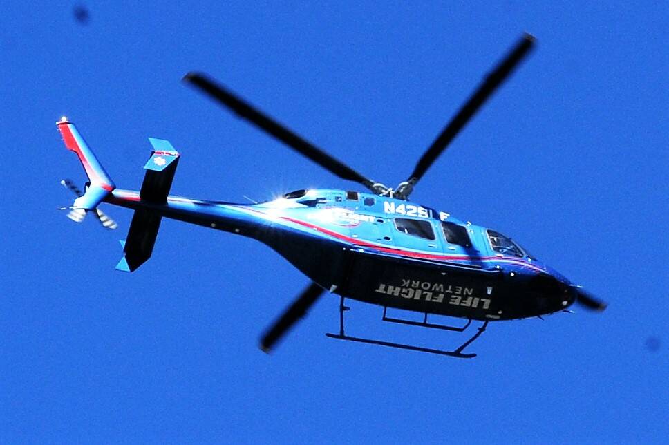 A Life Flight Network helicopter leaving the Forks Community Hospital flew over Tillicum Park on Sunday afternoon. Photo by Lonnie Archibald