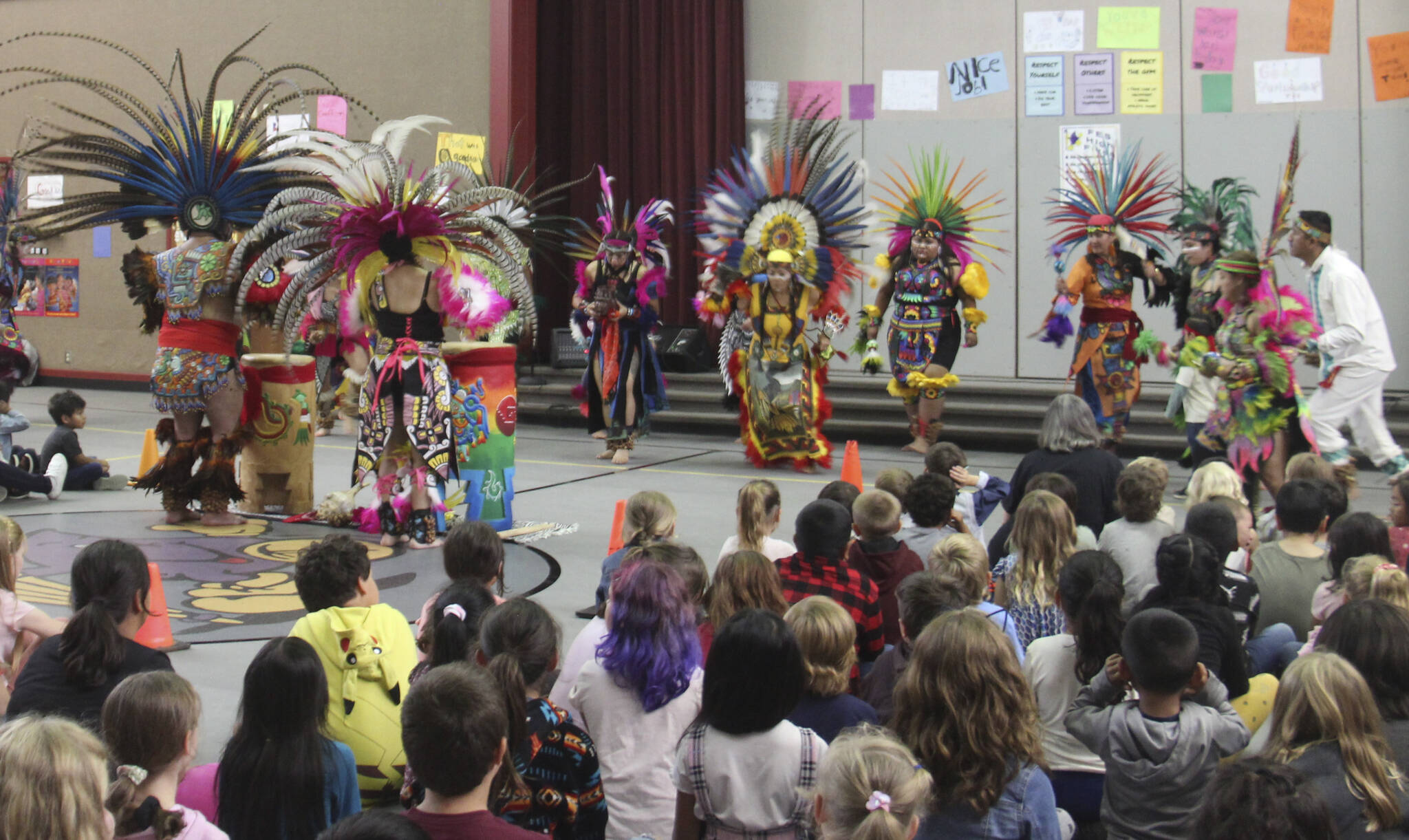 An Indigenous People’s Day Assembly was held Monday, October 10 at the Forks Elementary School Gym. Students enjoyed some thunderous group drumming, dancing, and singing by Ce Atl Tonalli a traditional Aztec Dance group.