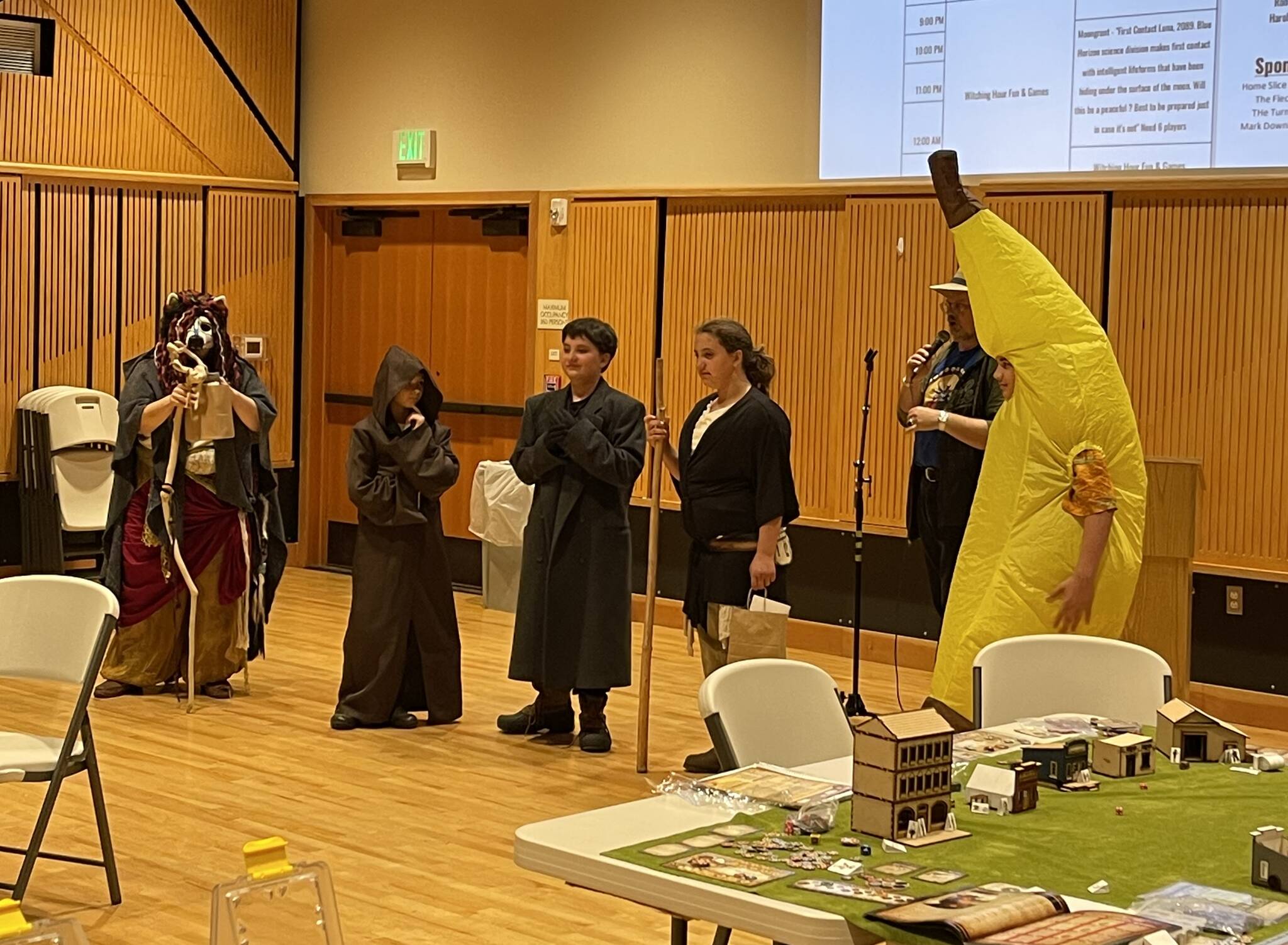 The costume contest Alice Ryan on the left, followed by Logan, Gabe, and Brenna Riggan, and Harmon (pictured in the banana costume). This was the third annual cosplay/costume contest, first place went to Alice Ryan. Submitted photos