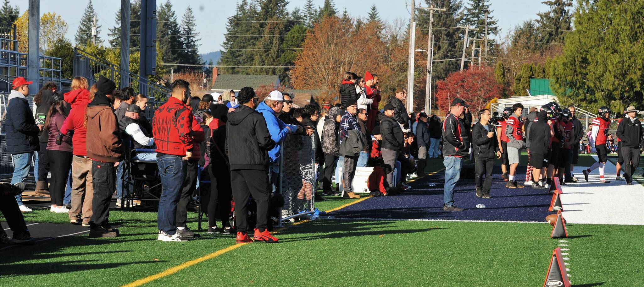 Just a portion of the large gathering of Red Devil fans who gathered at Spartan Stadium in Forks for the Neah Bay vs Wellpinit state playoff game played November 19. There will no doubt be a large group of fans making the trip to Tacoma for the State 1B championship game as Neah Bay will face Liberty Bell of Winthrop at noon at Mt Tahoma High School. Photo by Lonnie Archibald