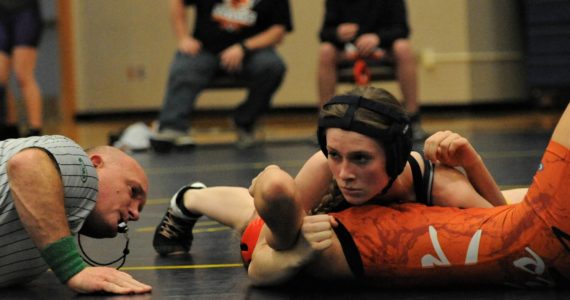 Spartan Miley Blanton pinned Anna Abott of Kalama in the 125 lb bracket.