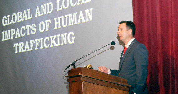 Clallam County Prosecuting Attorney Mark Nichols makes a presentation on the effects of human trafficking during Thursday’s Studium Generale on the Port Angeles campus of Peninsula College. Keith Thorpe/Peninsula Daily News
