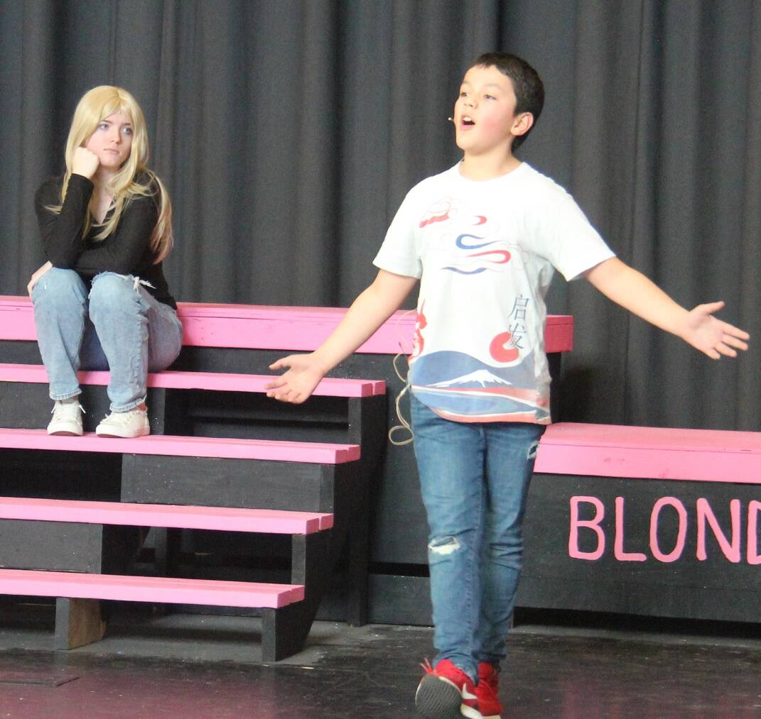 FHS drama director Tracy Gillett said, “This is the first performance in 3 years. We haven’t performed since The Addams Family Musical in the 2018-2019 school year. We are so excited to perform.” Gillett is being assisted by co-drama director Kenneth Turner. Seen here are cast members, Elle Woods played by Aliya Gillett (10th grade), and Emmett Forrest played by Justin Sandoval (7th grade).