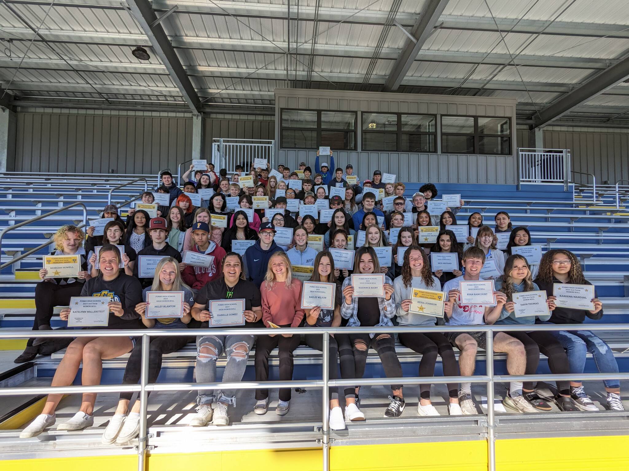 The sun was bright but so were the 112 students from Forks High School who made 3rd term Honor Roll, and took a moment for a photo in the new Spartan Stadium. Honor roll page 4. Submitted Photo