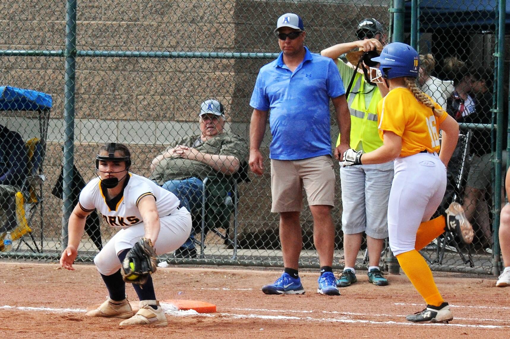 Forks first baseman Kaidence Rigby takes the throw from shortstop Kadie Wood for the out against Adna Saturday. Forks placed second in State after losing to the Pirates in the championship game. Photo by Lonie Archibald