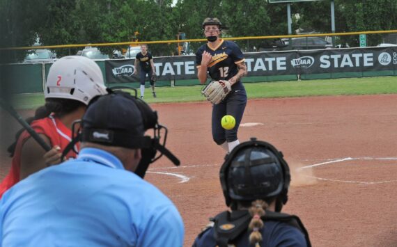 Spartan pitcher Chloe Gaydeski-St. John delivers the pitch to the Brewster batter during the Spartan’s first game of the State Softball tournament held over the weekend in Yakima. Forks defeated the Bears 13 to 5 and went on to place second in State. Catching is Kyra Neel and playing center field is Keira Johnson. Photo by Lonnie Archibald