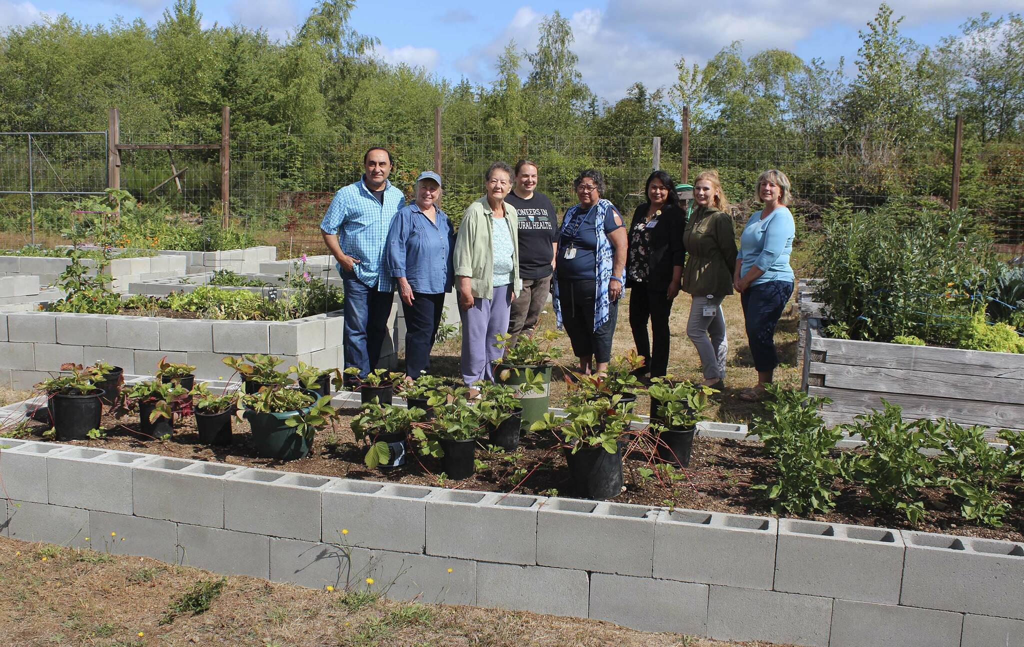 Standing behind one of the new cinder block beds are Basim and Nora Alwarth, Kathy Bone, Christine Lee, Eddie Bowlby, Angelica Almazan Luna, Shannon Damron, and Traci Hurn. Kathy Bone and Nora Alwarth are this year’s Community Garden Committee Co-Chairs. Lee and Bowlby are both Case Managers at West End Outreach Services. They also work with clients in the garden. Lee is also a long-time gardener with her own garden bed she uses each year. Luna is the President of Forks Hospital Foundation and Damron is the Executive Director of the Foundation. Traci Hurn was representing the Lloyd Allen Trust. Also seen in the photo are some of the taller beds as well as one of the older wooden beds on the right. The entire area is secured with elk/deer-proof fencing. Photo Christi Baron