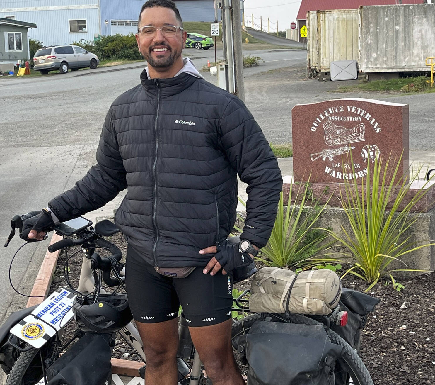 The last Warrior Expeditions rider, Jared Thomas, finished his trip last week and was met in La Push by members of Forks American Legion Post 106. A fellow veteran also met him, showed him around a bit, and made him an official Twilighter by giving him a Twilight shirt! Jared can now go home and reminisce about this 3,800-mile accomplishment. Hes a teacher and will have plenty to tell his students. Thomas overcame a lot of mechanical problems that put him behind by three weeks but he made it. This summer the Forks Post helped greet 5 riders when they arrived in La Push. Participating Veterans ride from Washington D.C. to Washington State. Submitted Photo