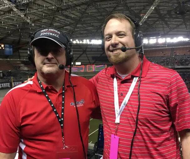 Dave Montgomery, right, is seen here at the Tacoma Dome broadcasting the Neah Bay State Championship football game with Oly Archibald on Forks Radio. Submitted Photo
