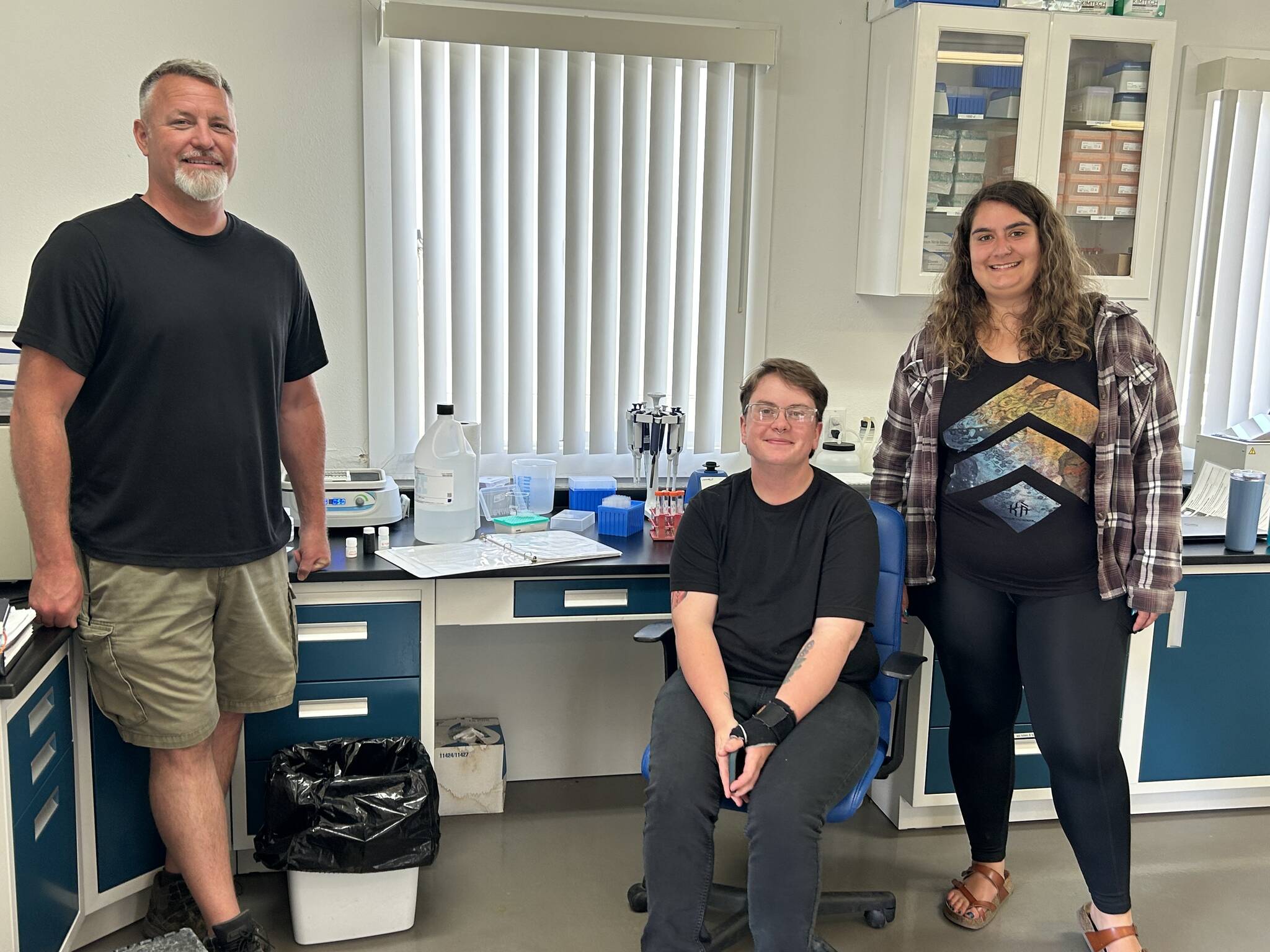 (L-R) Anthony Odell, Carter Richards Lizz Miller in the Makah Fisheries Management lab in Neah Bay. Submitted photo