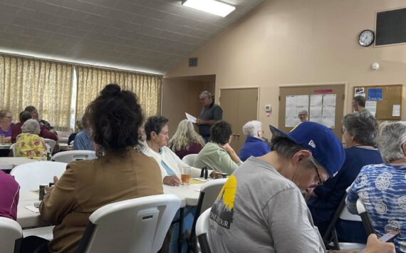 Pastor Warren Johnson shares some 
announcements at the monthly Senior Luncheon at the Forks Congregational Church, 
280 Spartan Ave., last Wednesday. 
Attendees enjoyed BBQ burgers 
with potato and macaroni salads with ice cream sundaes for dessert. 
The Senior Lunch takes place on the second Wednesday of the month and is Free! Doors open at noon and lunch service begins at 12:30 p.m. 
Photo Christi Baron