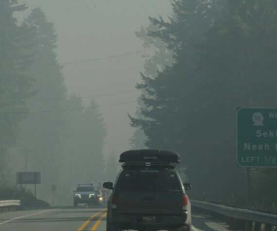 Smoke from fires in the ONP blanketed the area from Lake Crescent to Port Angeles on the morning of Thursday, Sept. 21. Pictured here the smoke was dense as one entered the junction of Highway 101 and Highway 112 west of Port Angeles. Photo by Lonnie Archibald