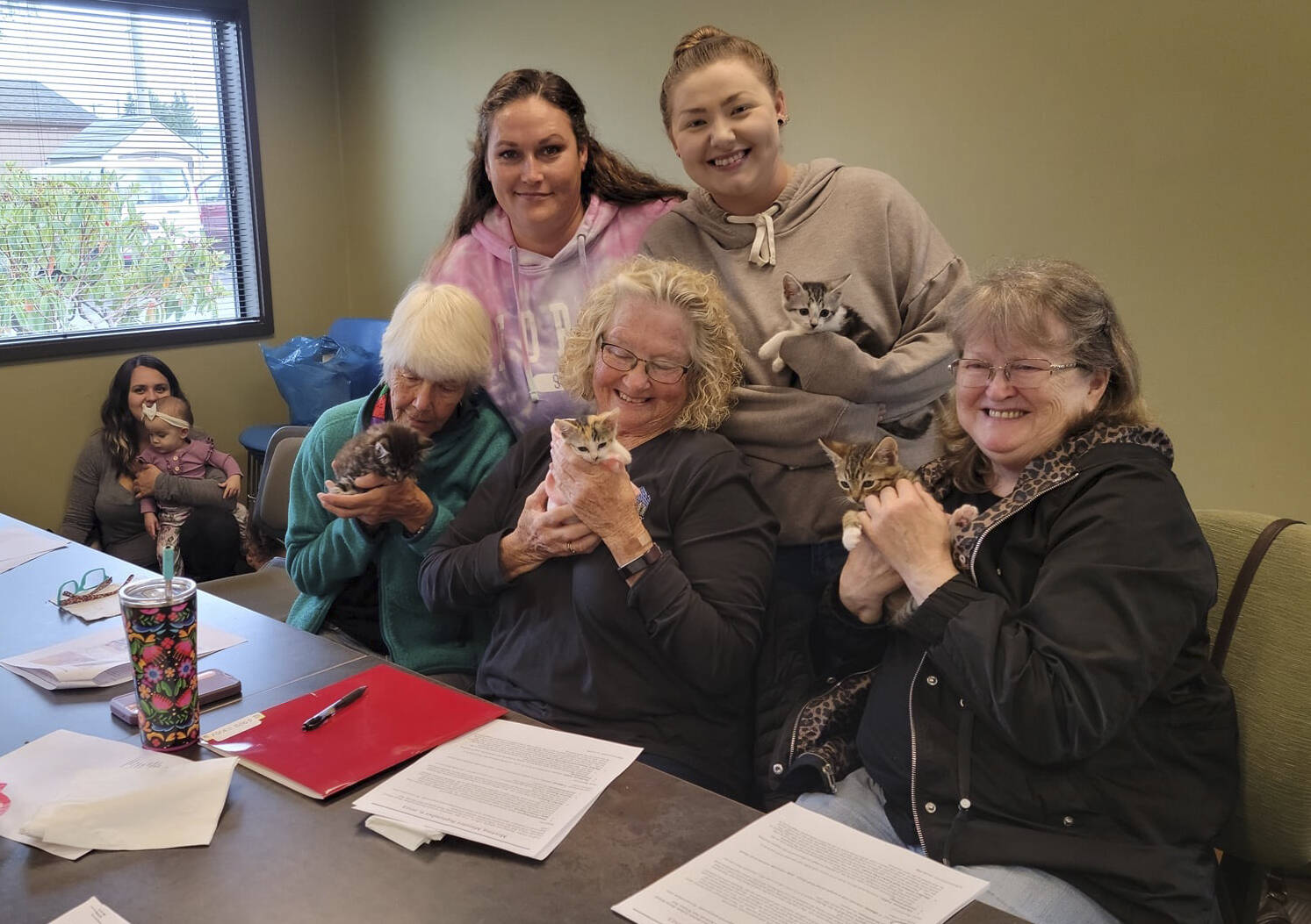 Pictured are (sitting at far left) Capriele Celaya and her daughter, back row - Aleda Adams, Shy Gorbett, in front Gig Kerr, Sherry Schaaf, and Joann Lawson; with cute kittens! Submitted photo.